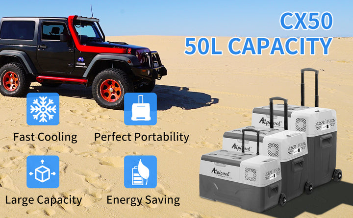 Alpicool CX50 - 50 Quart Car Fridge, Compressor, Bluetooth, Wheeled Design for Portability