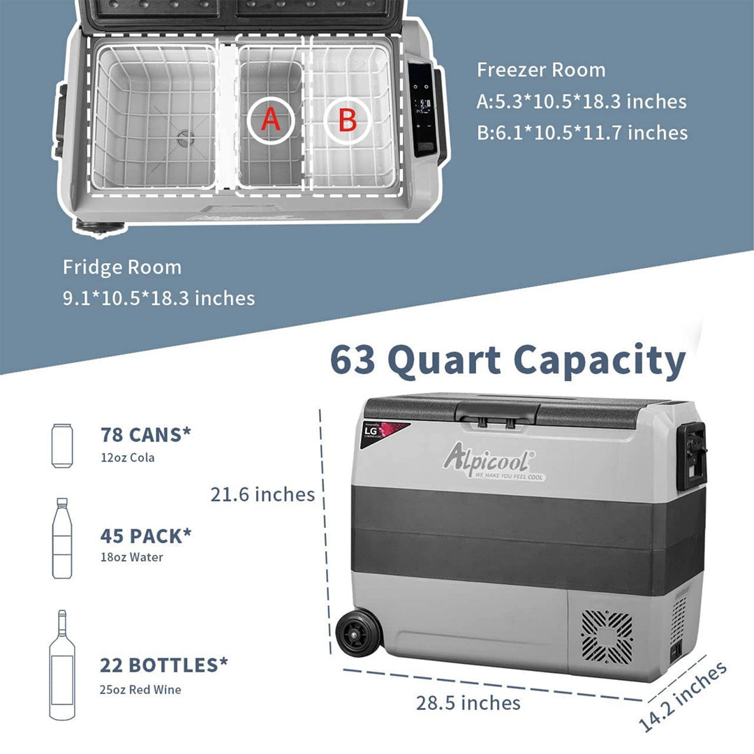 Alpicool LGT60 56L Dual-Compartment Car Cooler - Powerful Compressor, Independent Temp Zones, Whisper Quiet, Bluetooth