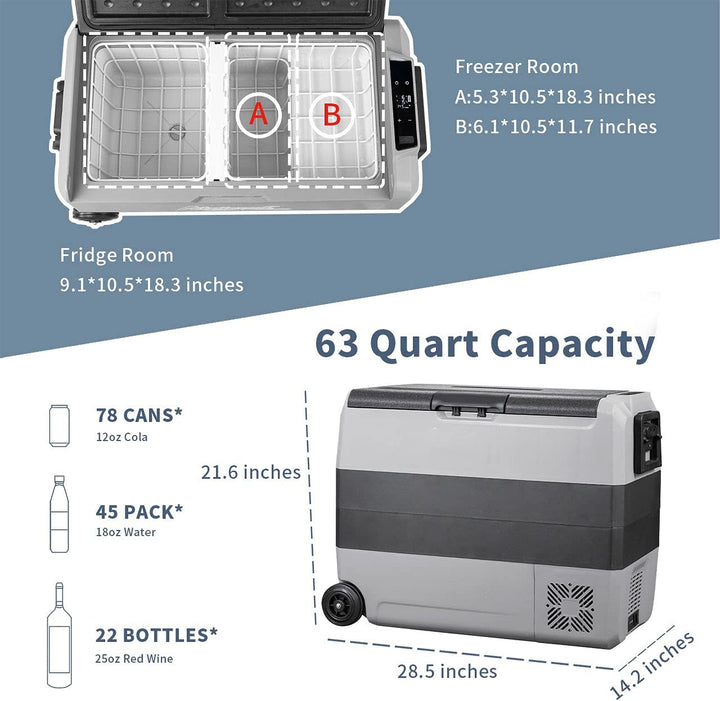 Alpicool LGT60 60Qt Dual-Zone Car Cooler - Compressor Cooling, Independent Temp Zones, Ultra-Quiet, Bluetooth App, Portable