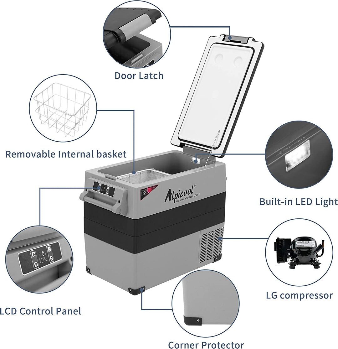 Alpicool LGCF55 Dual-Compartment Car Refrigerator, 52 Quart - 12V/110V, Bluetooth, Portable Design with Included Cup Holders